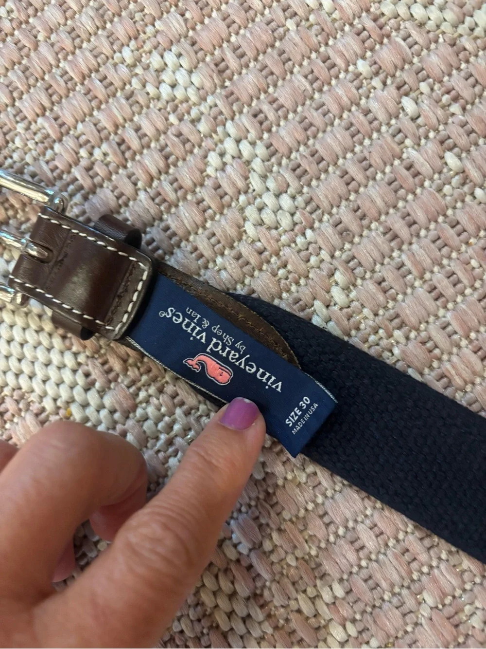 Vineyard Vines Navy Fabric Belt with Brown Leather Trim